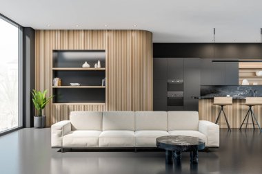İçinde kanepe, çift fırın, iki bar taburesi, panoramik pencere ve beton zemin olan karanlık mutfak odası. Minimalist tasarım kavramı. Yaratıcı fikir için yer var. 3d oluşturma