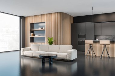 Siyah mutfak içi, iki bar sandalyesi, koyu beton zeminde kanepe ve kahve masası, yan manzara, kırsal kesimde panoramik pencere. Askısı ve dekorasyonu olan ahşap duvar, 3 boyutlu.