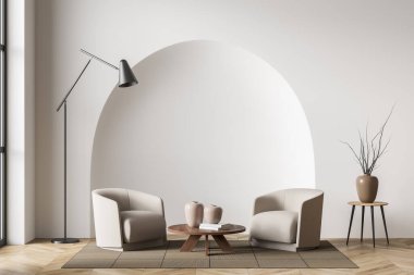 Villa oturma odasının iç dekorasyonundaki uzay modelleme duvarını, parlak duvardaki bej mobilyaları, ahşap döşemeleri, lambalı koltuğu kopyala. Rahatlama kavramı. 3d oluşturma