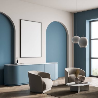 Villa oturma odasının iç dekorasyonundaki duvar posterini kopyala, mavi duvara bej mobilya, ahşap döşeme, lambalı koltuk. Rahatlama kavramı. 3d oluşturma