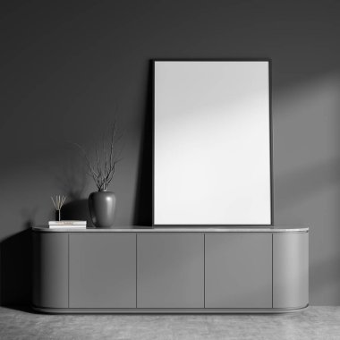 Oturma odasının iç dekorasyonundaki gri dolabın üstündeki duvar posterini kopyala. Mobilya, karanlık duvarlar, beton döşeme. Rahatlama kavramı. 3d oluşturma