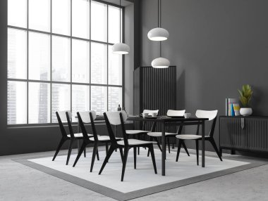 İçi karanlık yemek odası altı beyaz sandalyeli, siyah masalı, yan manzaralı, Singapur şehir manzaralı panoramik pencereli. Klozet ve gri beton zemin dekorasyonu. 3B görüntüleme