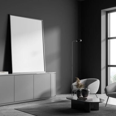 Oturma odasının iç tasarımı, gri mobilyalar, koyu duvarlar, beton döşeme, lambalı koltuk. Rahatlama kavramı. 3d oluşturma