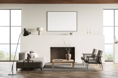 İçerisi kanepe ve halının üzerinde iki koltuk, kahve masası ve dekorasyonlu panoramik pencereli, sert ahşap zemini olan dinlenme odası. Boş tuval, 3 boyutlu görüntüleme