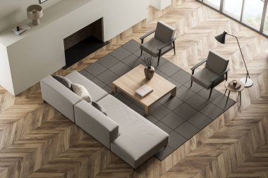 Kanepe ve iki koltuk, dekorasyonu, halısı ve ahşap zemini olan kahve masası, kırsal kesimde penceresi olan ışık rahatlatıcı oda manzarası. Minimalist misafir alanı, 3B görüntüleme