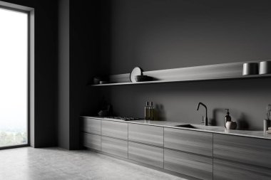 İçi gri mutfak seti, güverte lavabo, soba ve mutfak gereçleri, gri beton zemin, kırsal pencere. Modern apartmanda lüks mutfak tasarımı, 3 boyutlu tasarım.