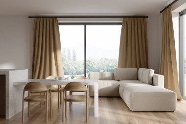 Parlak mutfak önü manzaralı panoramik pencereli kırsal manzaralı kanepe, sandalyeli yemek masası ve ahşap ahşap zemin. Minimalist tasarım. Yaratıcı fikir için yer var. 3d oluşturma