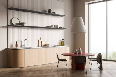 Modern yemek odası, 4 sandalyeli büyük kırmızı masa. Şık bir mutfak. Ahşap döşeme. Açık alan. 3d oluşturma.