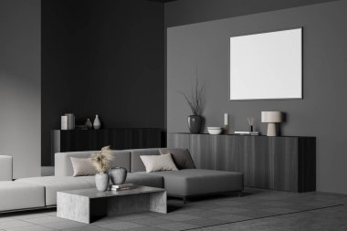 Oturma odasının içinde yastıklı kanepe, kahve masası. Dekorasyonlu klozetin yan görünüşü, gri beton zemin. Boş tuval, 3 boyutlu görüntüleme