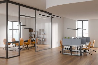Şehir manzaralı panoramik pencereli parlak ofis odası, ahşap zemin, beyaz duvarlar, koltuklu masalar ve klasörlü raflar. Şirket kavramı. Çalışma için uygun bir yer. 3d oluşturma
