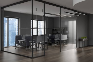Şehir manzaralı panoramik pencereli karanlık ofis odası, ahşap zemin, gri duvarlar, koltuklu masalar ve klasörlü raflar. Şirket kavramı. Çalışma için uygun bir yer. 3d oluşturma