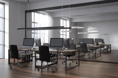 Beyaz, parlak ofis odası, iş yerleri, panoramik pencereler finans merkezi manzaralı, parke döşemeli, masaüstü bilgisayarlı. İş birliği kavramı. 3d oluşturma