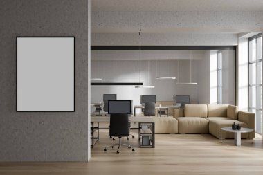 Çerçevelenmiş tuval poster ofisinin içini düzenle. Beyaz, parlak bir oda, büyük bir kanepe, panoramik pencereler, parke zemin, masaüstü bilgisayarlar. İş birliği kavramı. 3d oluşturma