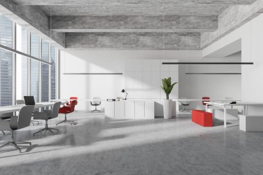Resepsiyonlu hafif endüstriyel ofis koltukları ve dizüstü bilgisayarı masada. Modern çalışma alanının ana salonu, gri beton zemin. Singapur gökdelenlerinin panoramik penceresi, 3B oluşturma