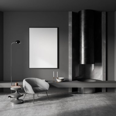 Villa oturma odasının iç tasarımı, gri mobilyalar, koyu duvarlar, beton döşeme, koltuk, şömine. Rahatlama kavramı. 3d oluşturma