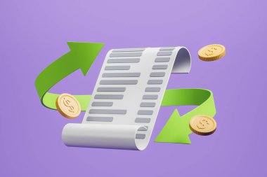 Yeşil okla basılmış bir fiş. Para iadesi konsepti ve altın sikkelerden düşme. Harcama ve tüketici davranışı. Mavi arka plan. İnternetten alışveriş. 3d oluşturma