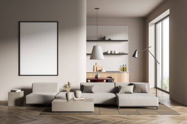 Oturma odasında posteri olan uzay modelleme duvarını, açık uzay mutfağını, tasarım iç dekorasyonunu, modern mobilyaları, ahşap döşemeleri, kocaman kanepeyi kopyalayın. Rahatlama kavramı. 3d oluşturma