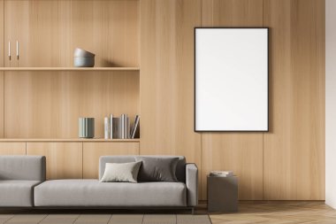 Oturma odasının iç dekorasyonuna poster asılmış uzay modelleme duvarını, parlak duvarda mobilya, ahşap döşeme, büyük bir kanepe. Rahatlama kavramı. 3d oluşturma