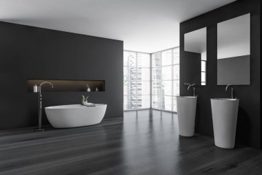 Modern banyo, seramik banyo küveti ve iki beyaz lavabo. Ahşap döşeme. Panoramik pencere. İnsan yok. 3d oluşturma.