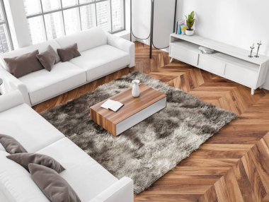 Parlak oturma odasının iç manzarası panoramik pencere, Singapur şehir manzarası, iki kanepe, sehpa ve meşe ağacından ahşap zemin. Minimalist tasarım. Yaratıcı fikir için yer var. 3d oluşturma