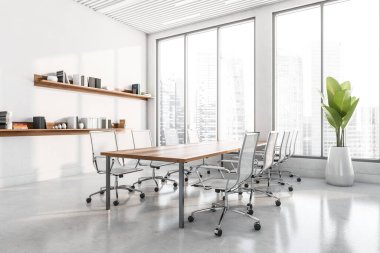 Beyaz, parlak ofis odası manzarası iş yerleri, panoramik pencere finans merkezi manzarası, beton zemin, klasörlü raflar ve bitki. İş birliği kavramı. 3d oluşturma