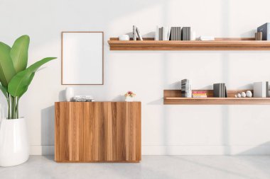 Beyaz, parlak bir ofis ya da içinde dolap olan bir oturma odası, duvarda beyaz bir poster, beton zemin, yeşil bitkilerle dolu raflar. 3d oluşturma