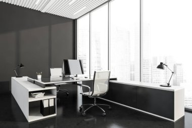 Koyu gri ofis odasının iç manzarası, iki işyeri, panoramik pencere finans merkezi manzaralı, beton zemin, masaüstü bilgisayarlar. İş birliği kavramı. 3d oluşturma