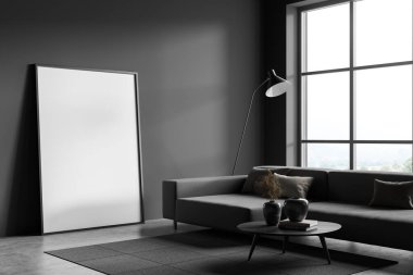 İçi boş beyaz poster, panoramik pencere, kanepe, sehpa, halı, gri duvarlar ve beton zemin. Çağdaş daire tasarımı kavramı. Model yap. 3d oluşturma