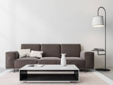 Kahverengi kanepe, sehpa, halı, gri beton zemin, lamba ve kitaplarla ayakta duran beyaz şık bir iç mekan. Boşluk boş duvarı kopyala, 3B oluşturma