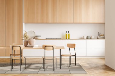 Yemek masası, üç sandalye, vazo, gaz ocağı, yağ şişeleri, tabak, çanak çömlek, kaşık, havlu. Minimalist tasarım kavramı. Yaratıcı fikir için yer var. 3d oluşturma