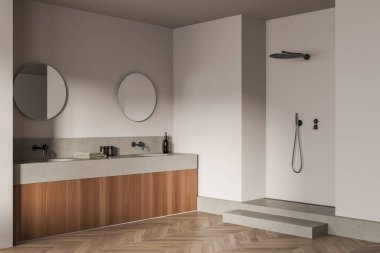 Parlak banyo manzarası duş, meşe ağacından ahşap döşeme, iki yuvarlak ayna, lavabo, sıvı sabun. Sağlık için hijyenik ve spa prosedürleri kavramı. 3d oluşturma
