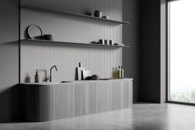 Modern yemek odasının içi. Şık bir mutfak. Beton döşeme. Açık alan. Panoramik pencere. Modern yaşam tarzı kavramı. 3d oluşturma.