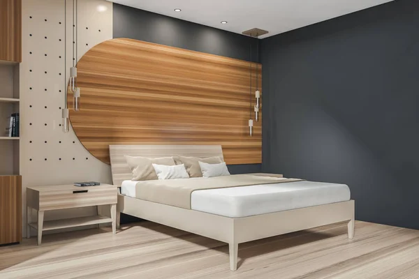 Parede Vazia Cinza Quarto Interior Moderno Cama Confortável Conceito Vida — Fotografia de Stock