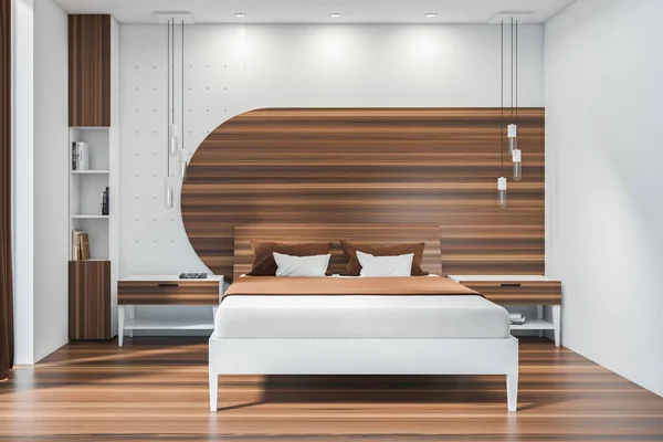 Parede Vazia Branca Quarto Interior Moderno Cama Confortável Conceito Vida — Fotografia de Stock