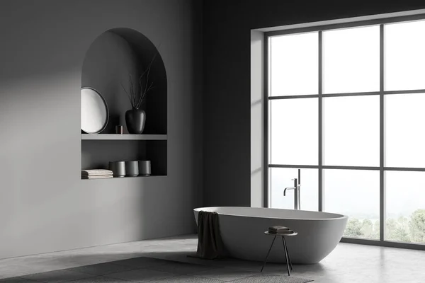 现代浴室内部与白色陶瓷浴缸 混凝土地板 全景窗 没有人 3D渲染 — 图库照片