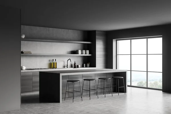 Graue Kochnische Mit Fünf Barstühlen Und Grauem Betonboden Spüle Mit — Stockfoto