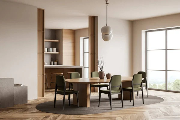 Interior Cozinha Madeira Com Seis Cadeiras Verdes Mesa Jantar Tapete — Fotografia de Stock