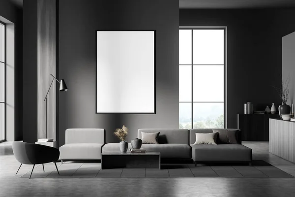 Dunkles Wohnzimmer Mit Sessel Und Sofa Mit Couchtisch Panoramafenster Auf — Stockfoto