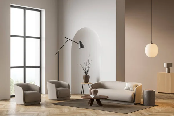 Modernes Villenwohnzimmerdesign Beige Möbel Helle Wände Parkettboden Sofa Sessel Mit — Stockfoto