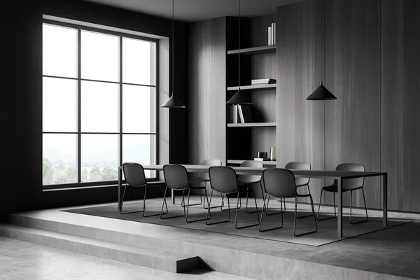 Dark Meeting Room Interior Black Chairs Table Grey Concrete Podium — Stock Photo, Image