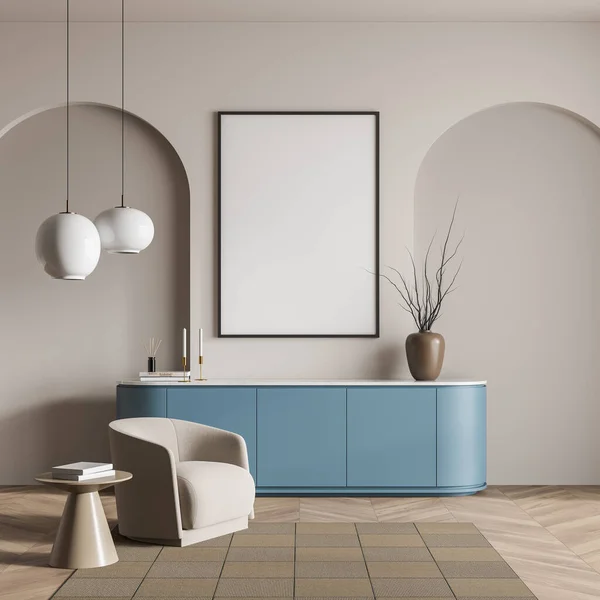 ヴィラのリビングルームのデザインのインテリア ベージュの家具 白い壁 広葉樹の床 ランプ付きアームチェアで青いキャビネットの上にスペースモックアップの壁のポスターをコピーします リラックスの概念 3Dレンダリング — ストック写真