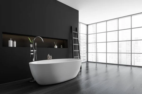 Interior Baño Moderno Con Bañera Cerámica Blanca Paredes Color Gris — Foto de Stock