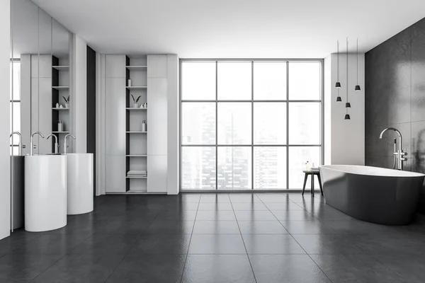 Interior Banheiro Moderno Com Banheira Cerâmica Cinza Duas Pias Brancas — Fotografia de Stock