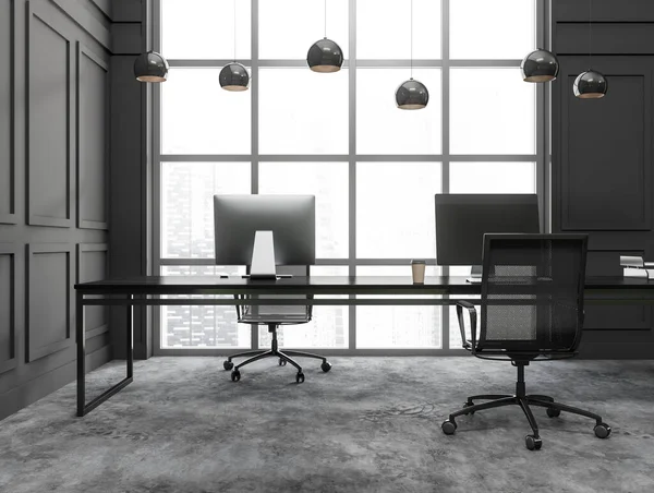 Dark Grey Modern Luxury Office Room Interior Two Workplaces Desktops — Stock Photo, Image