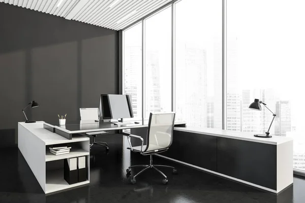 Corner View Dark Grey Office Room Interior Two Workplaces Panoramic — Stock Photo, Image