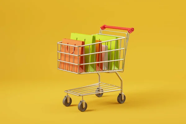 Carrello Con Diversi Pacchetti Sfondo Giallo Concetto Vendita Acquisto Consegna — Foto Stock