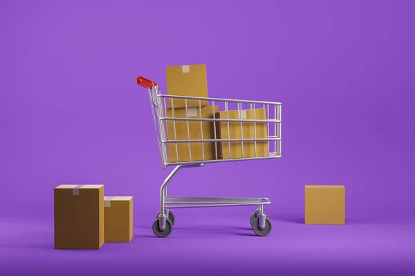 Carrito Compras Con Diferentes Cajas Cartón Sobre Fondo Púrpura Concepto —  Fotos de Stock