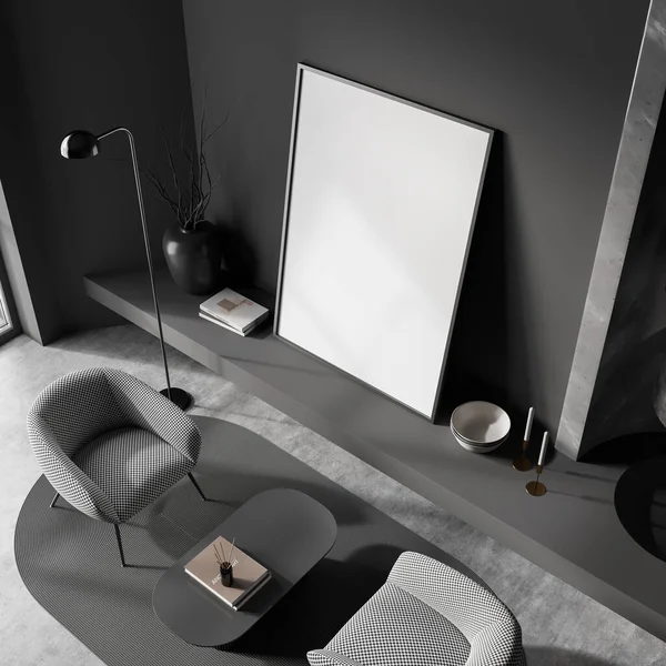 在别墅客厅设计的室内设计 灰色家具 深色墙壁 混凝土地板 扶手椅 咖啡桌复制空间模拟墙面海报 放松的概念 3D渲染 — 图库照片