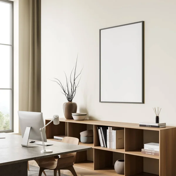 Helles Büro Interieur Mit Leerem Weißen Poster Schreibtisch Panoramafenster Mit — Stockfoto