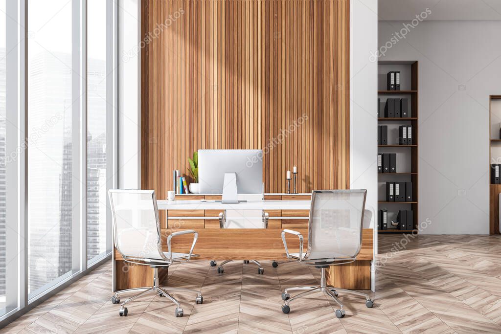 White and wooden panels panoramic office interior with CEO workplace, a bookcase with folders. Hearing bone hardwood floor. A concept of modern office design. 3d rendering